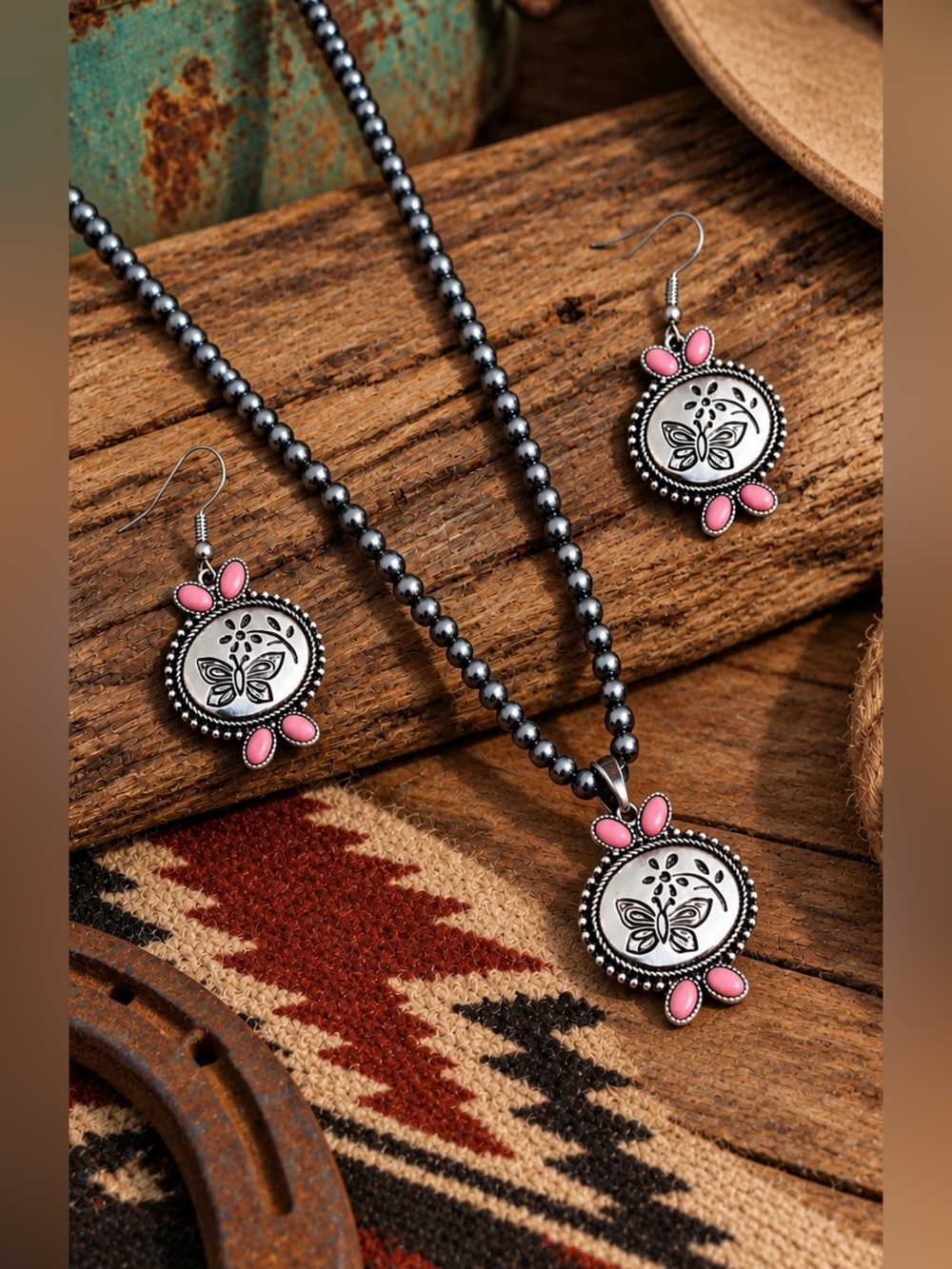 Southwest Western Faux Conch Navajo Inspired Pearls Butterfly Necklace Earrings